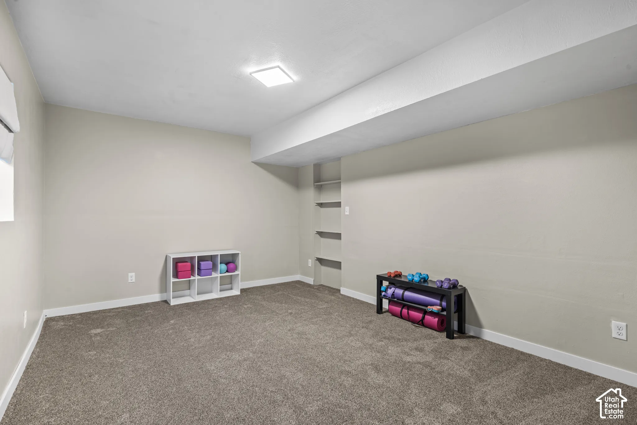 Recessed ceiling lighting, built-in shelving, and neutral carpeting