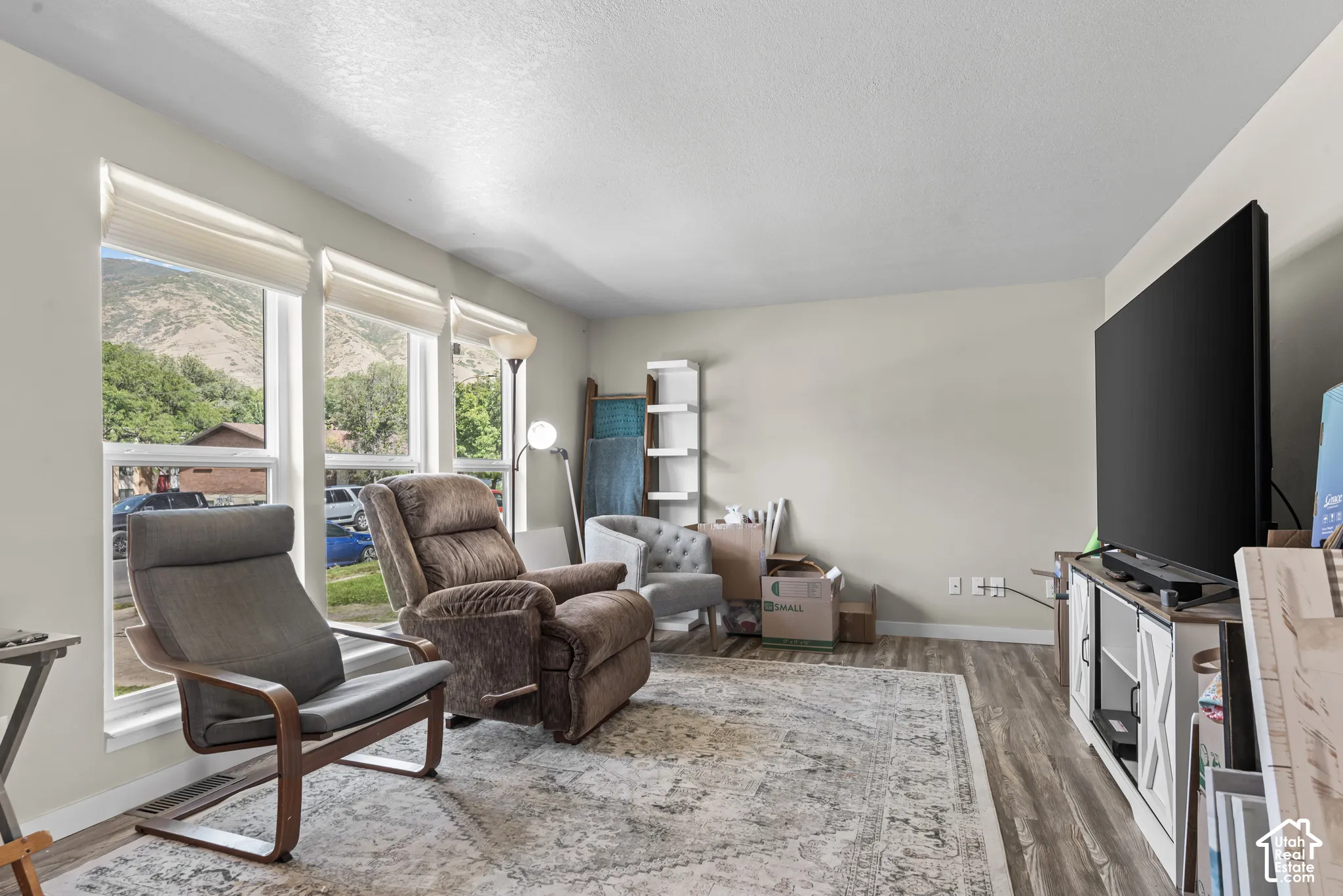 Bright living area featuring wood-finish flooring, light neutral wall tones, and multiple windows with mountain scenery