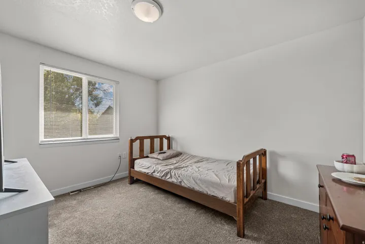 Neutral wall color, carpet flooring, window with blinds, and ceiling-mounted light fixture