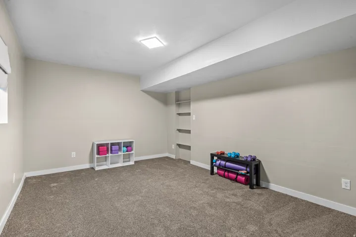 Recessed ceiling lighting, built-in shelving, and neutral carpeting
