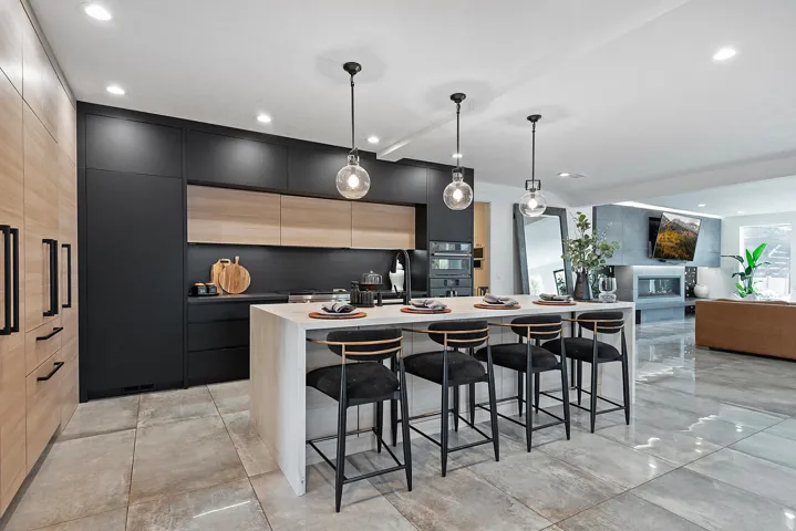Open-concept kitchen featuring an expansive island, integrated appliances, recessed lighting, and a contemporary fireplace
