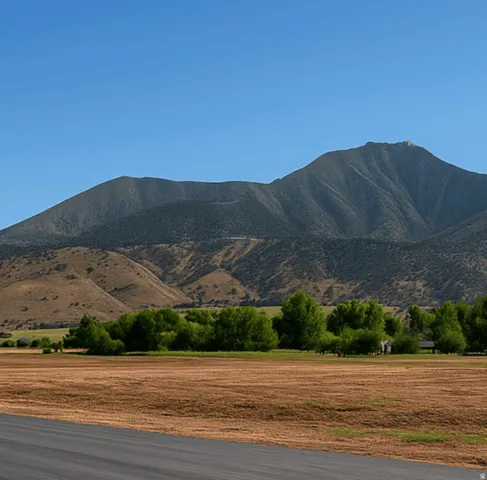 Expansive natural landscape featuring distant mountains, verdant trees, and open fields with a clear sky backdrop