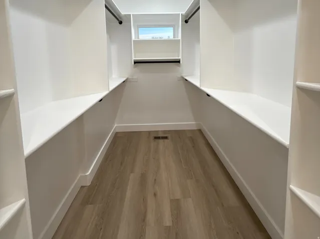 Walk-in closet with built-in shelving, black hanging rods, wood-finish flooring, and a recessed ceiling light