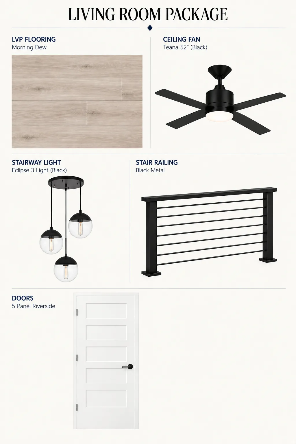 Living Room Package. Displaying selected finishes and fixtures for the property's living area.