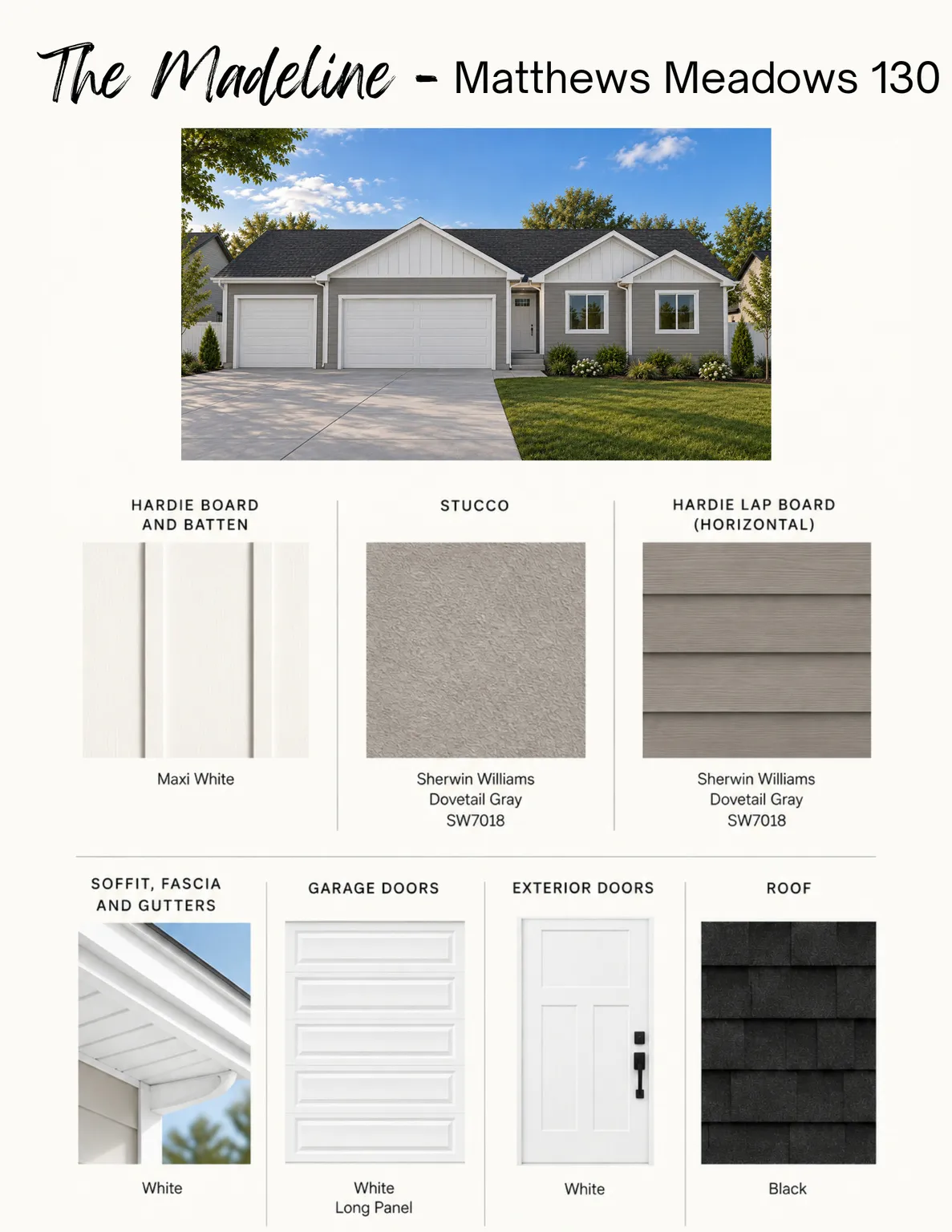 Property Specification Sheet. Detailing exterior material and color selections for the property.