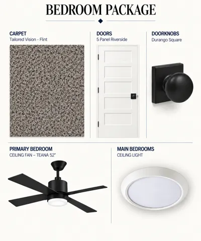 Bedroom Package Specifications. Detailing the carpet, door, doorknob, and lighting fixtures for the property's bedrooms.