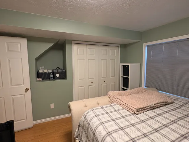 Recessed ceiling light fixture, wood-finish flooring, bi-fold closet doors, built-in shelving, and window with blinds