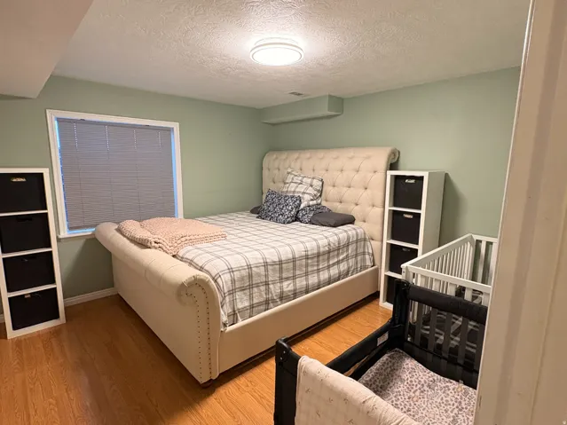 Wood-finish flooring throughout, complemented by a light green wall finish