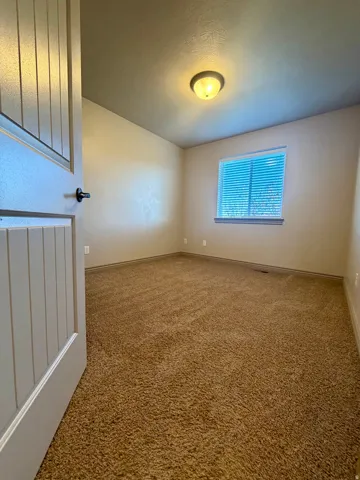 Wall-to-wall carpeting and a single window with blinds