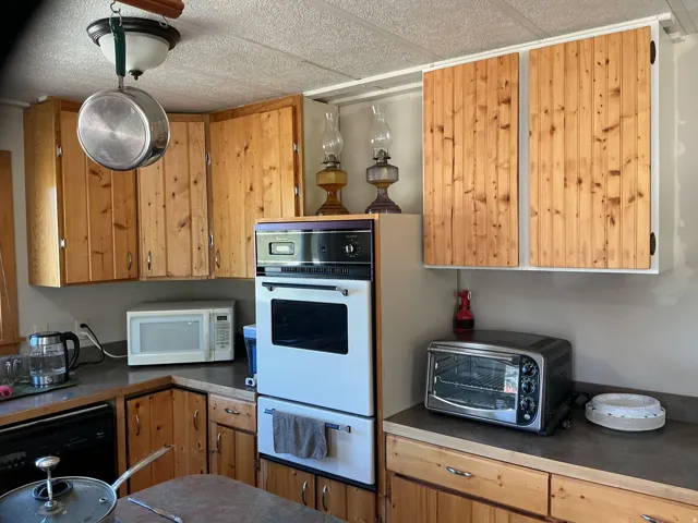 Wood-finish cabinetry with panel doors, built-in double oven, dark countertops, and overhead lighting fixture