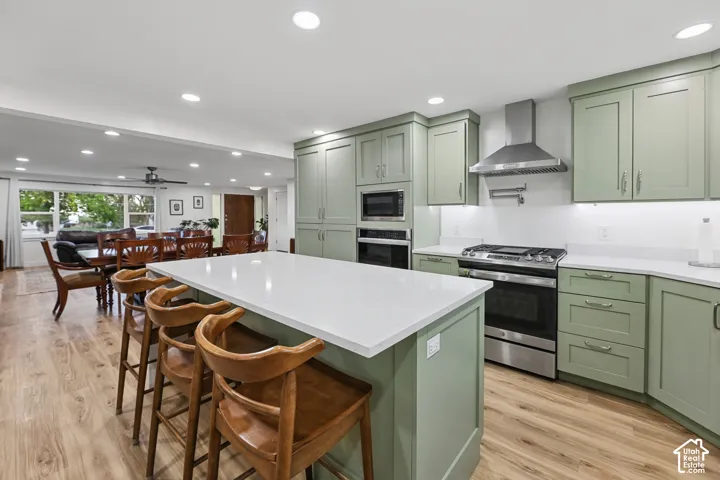 Kitchen featuring light green cabinetry, stainless steel appliances, a white island countertop, and wood-finish flooring