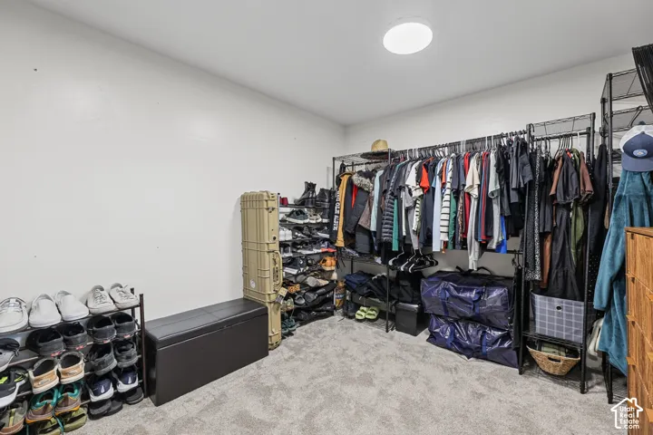 Carpeted flooring, white walls, and a flush-mount ceiling light fixture