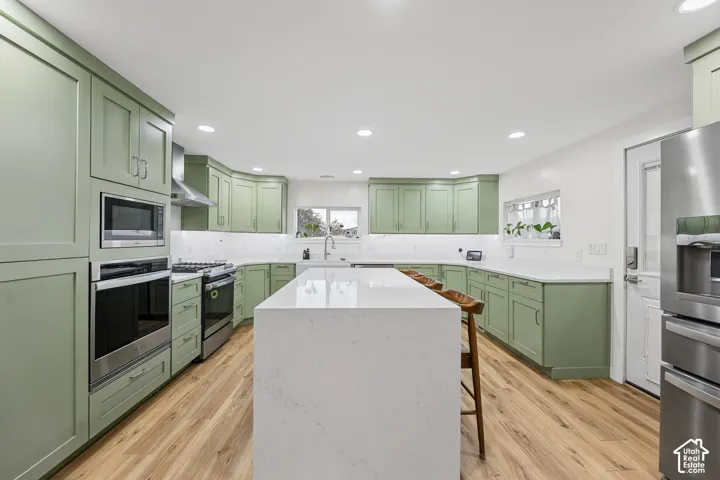 Kitchen featuring an expansive center island, extensive cabinetry, stainless steel appliances, recessed lighting, and wood-finish flooring