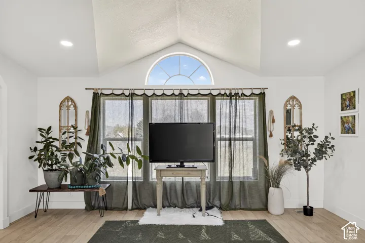 Vaulted ceiling with recessed lighting, wood-finish flooring, arched transom window, and expansive window wall