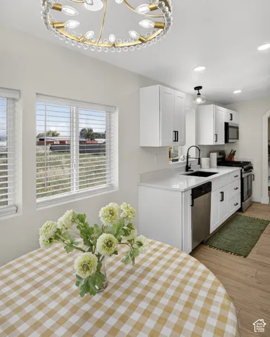 Modern kitchen featuring white cabinetry, stainless steel appliances, and a black sink with a matching faucet