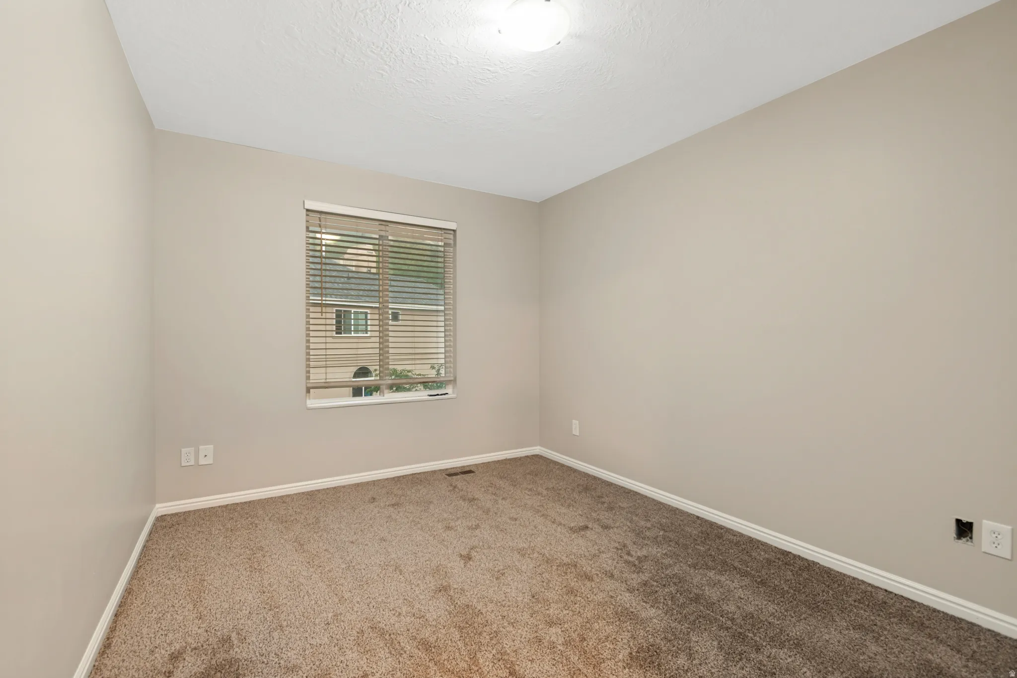 Neutral painted walls, plush carpet flooring, and a single window with blinds