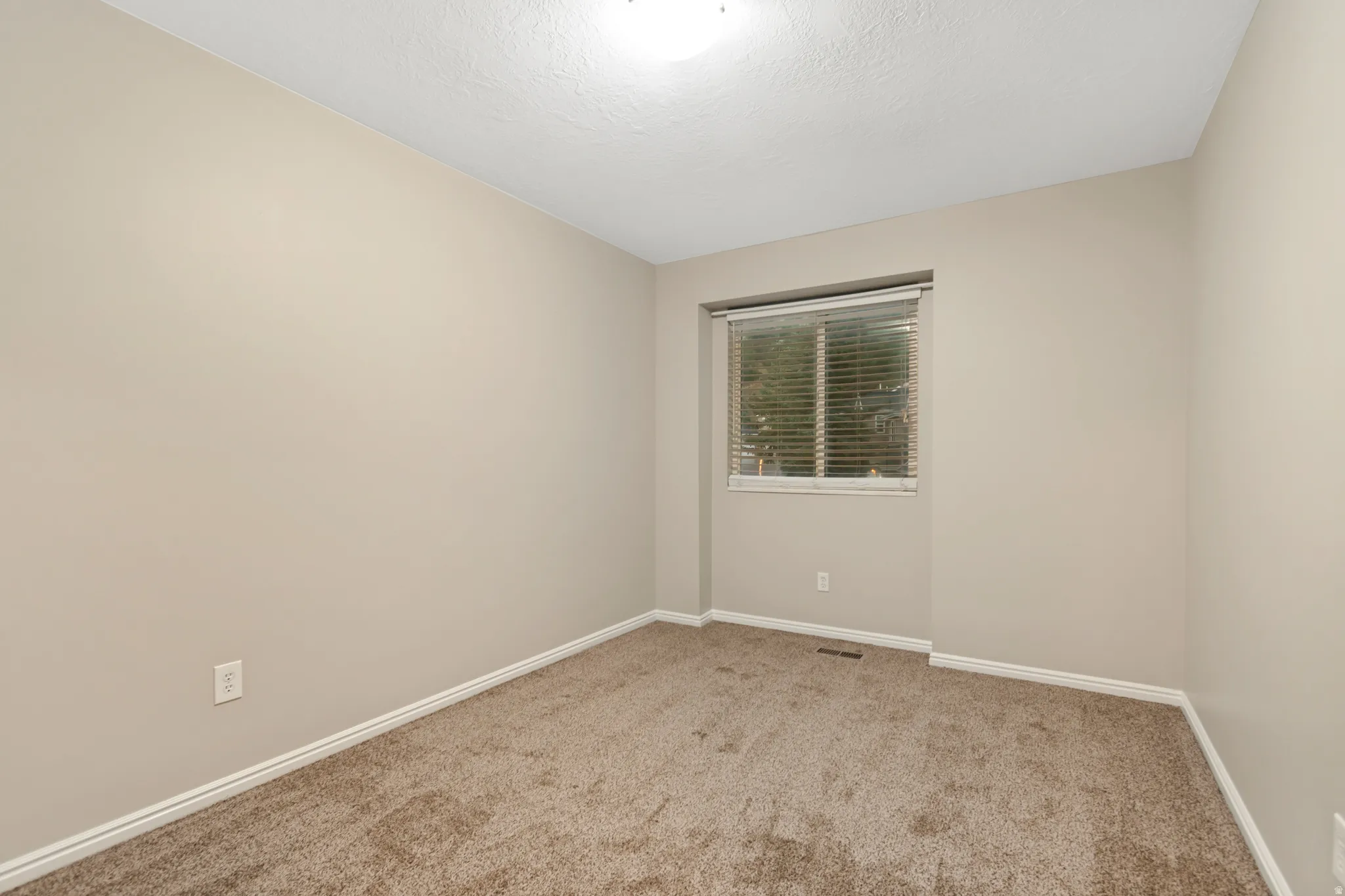Neutral wall paint, carpet flooring, and a single window with blinds
