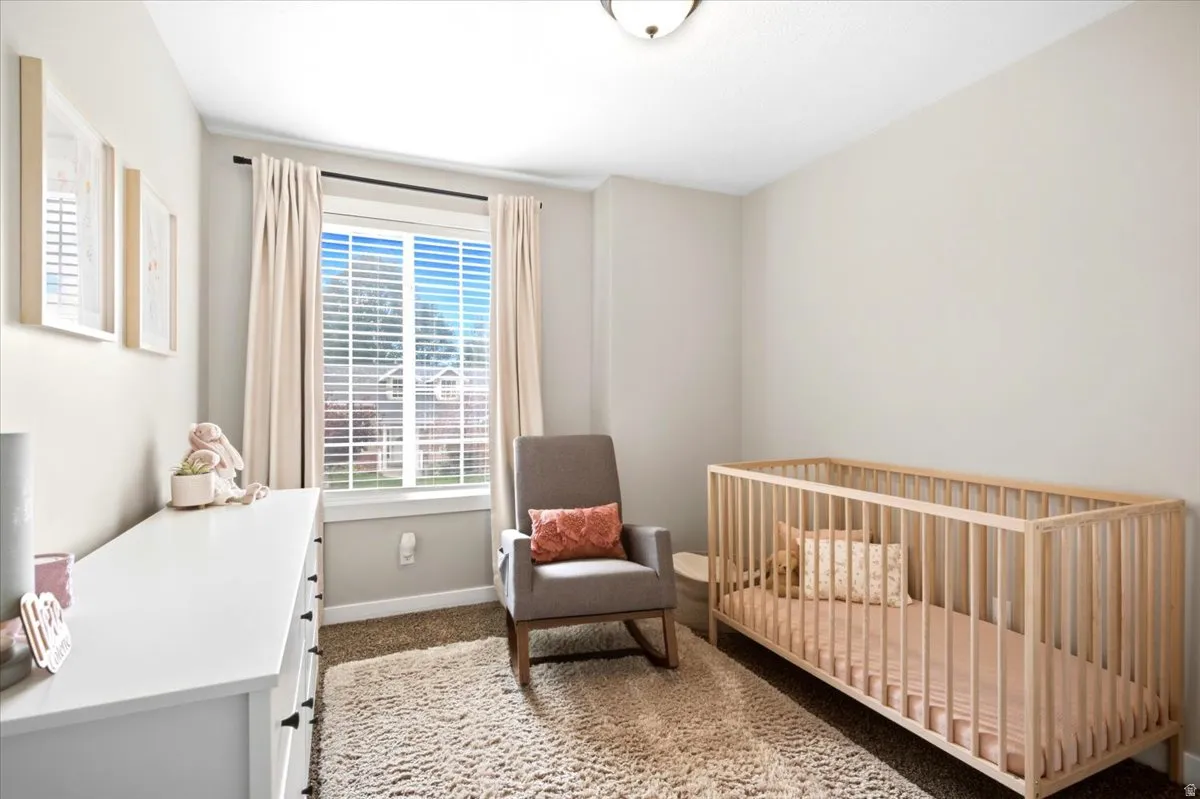 Neutral wall paint, window with blinds, overhead lighting fixture, and carpeted flooring