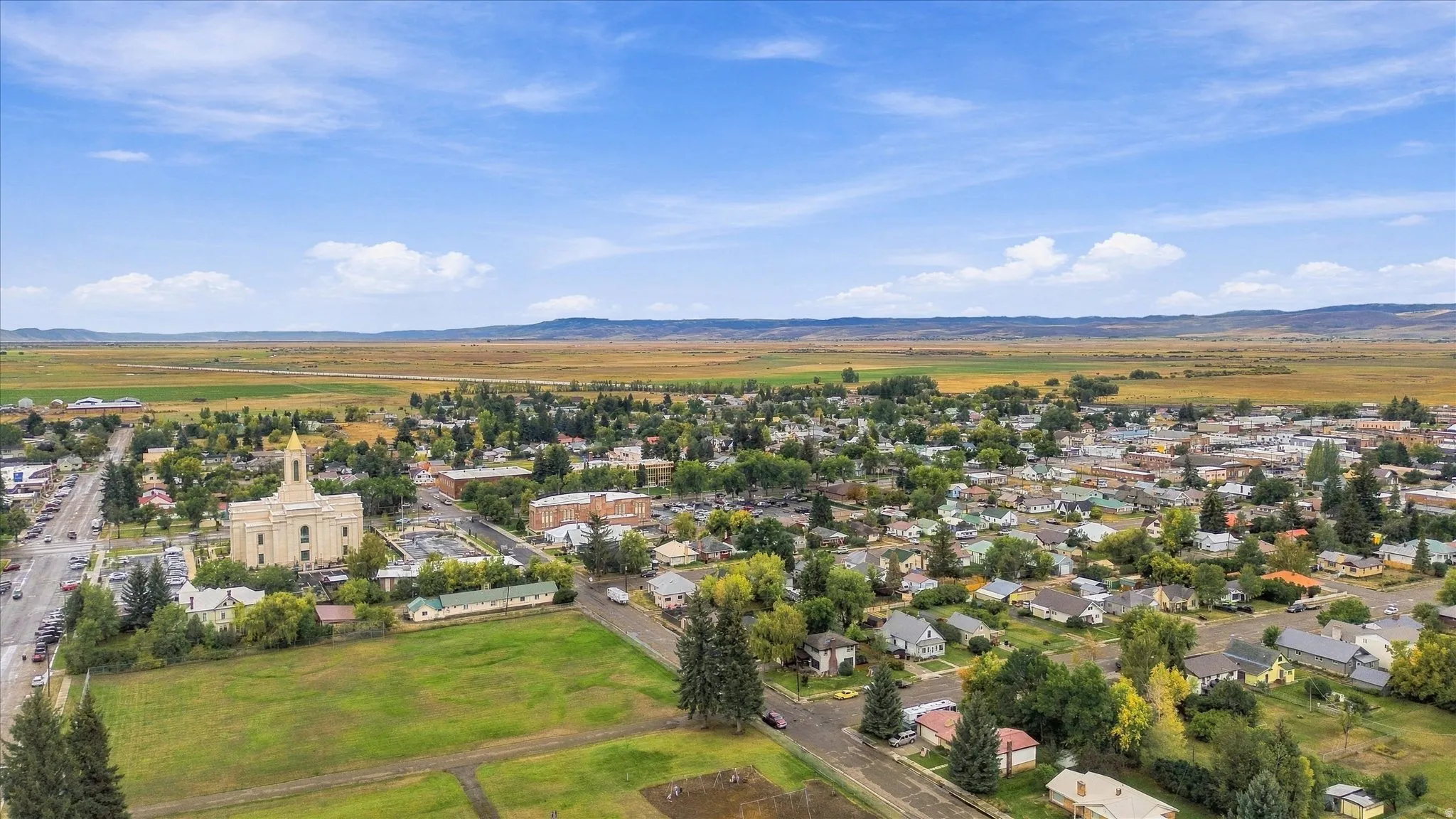 Expansive aerial perspective showcasing a town with varied architecture, mature trees, and open landscapes
