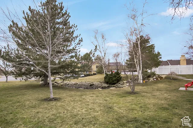Expansive grassy area with mature trees and a rock-lined dry creek bed