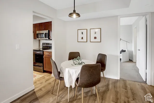 Wood-finish flooring throughout, with a pendant light fixture and white baseboard trim