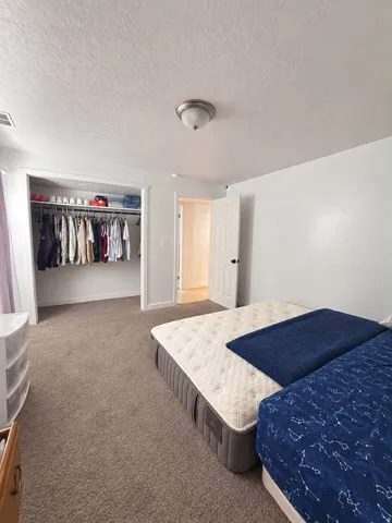 Wall-to-wall carpeting and an open closet with built-in shelving