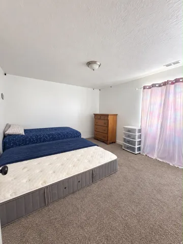 Neutral tone wall paint, textured ceiling, ceiling-mounted light fixture, and carpeted flooring