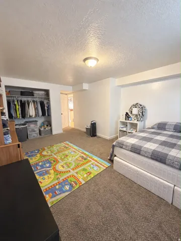 Recessed open closet with clothing rod, textured white ceiling, flush-mount ceiling light fixture, and neutral-toned carpet flooring