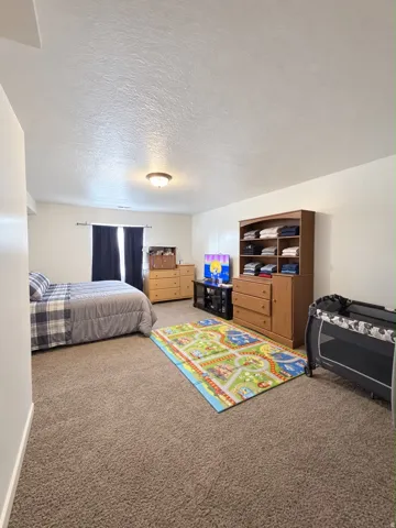 Recessed window with dark window treatments, overhead ceiling light fixture, and neutral carpeting