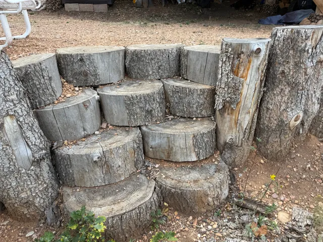 Segmented log retaining wall with steps