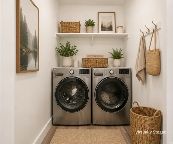 Integrated laundry area featuring stainless steel appliances, open shelving, and wood-finish flooring