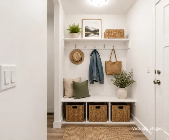 Built-in storage bench with cubbies, upper shelf, and coat hooks