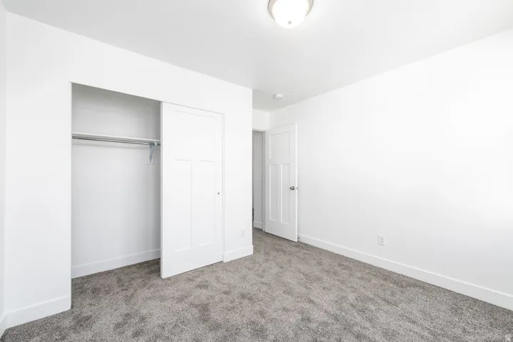 Light-colored carpeting, white walls, and a built-in closet with sliding panel doors