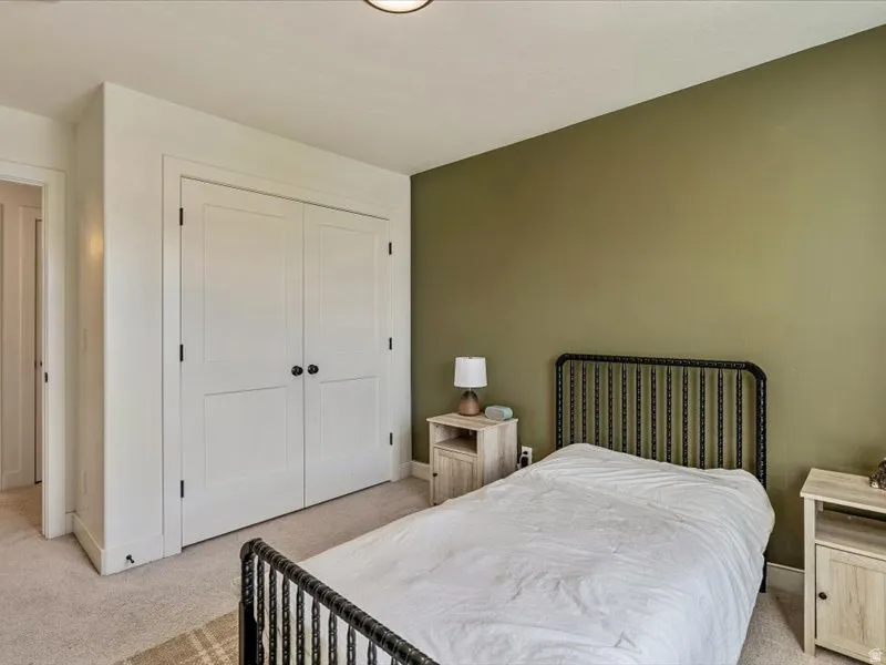 Wall-to-wall carpeting, white bi-fold doors with black hardware, and a single light fixture