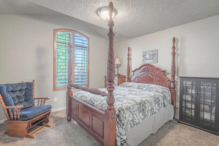 Arch-top window with wood plantation shutters, neutral wall paint, textured ceiling, and carpet flooring