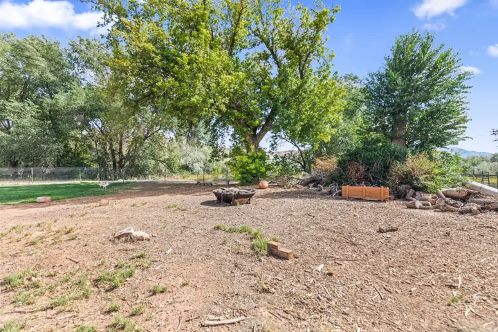 Expansive outdoor space featuring a large tree, a fire pit, and a partial wire fence