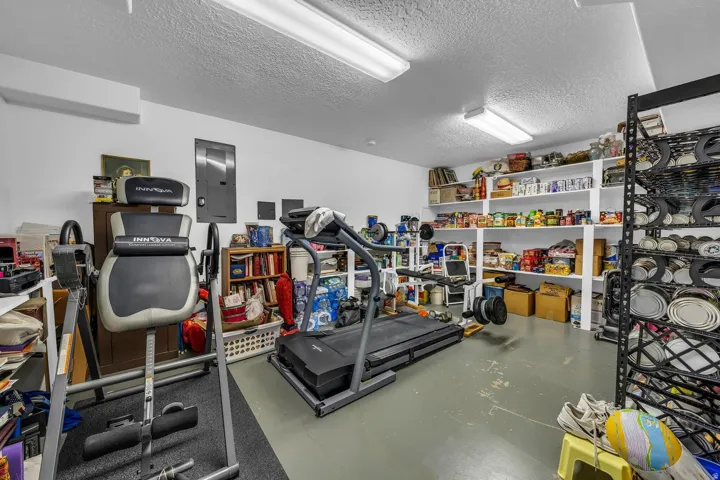 Garage space featuring painted concrete flooring, recessed lighting, and extensive wall-mounted shelving