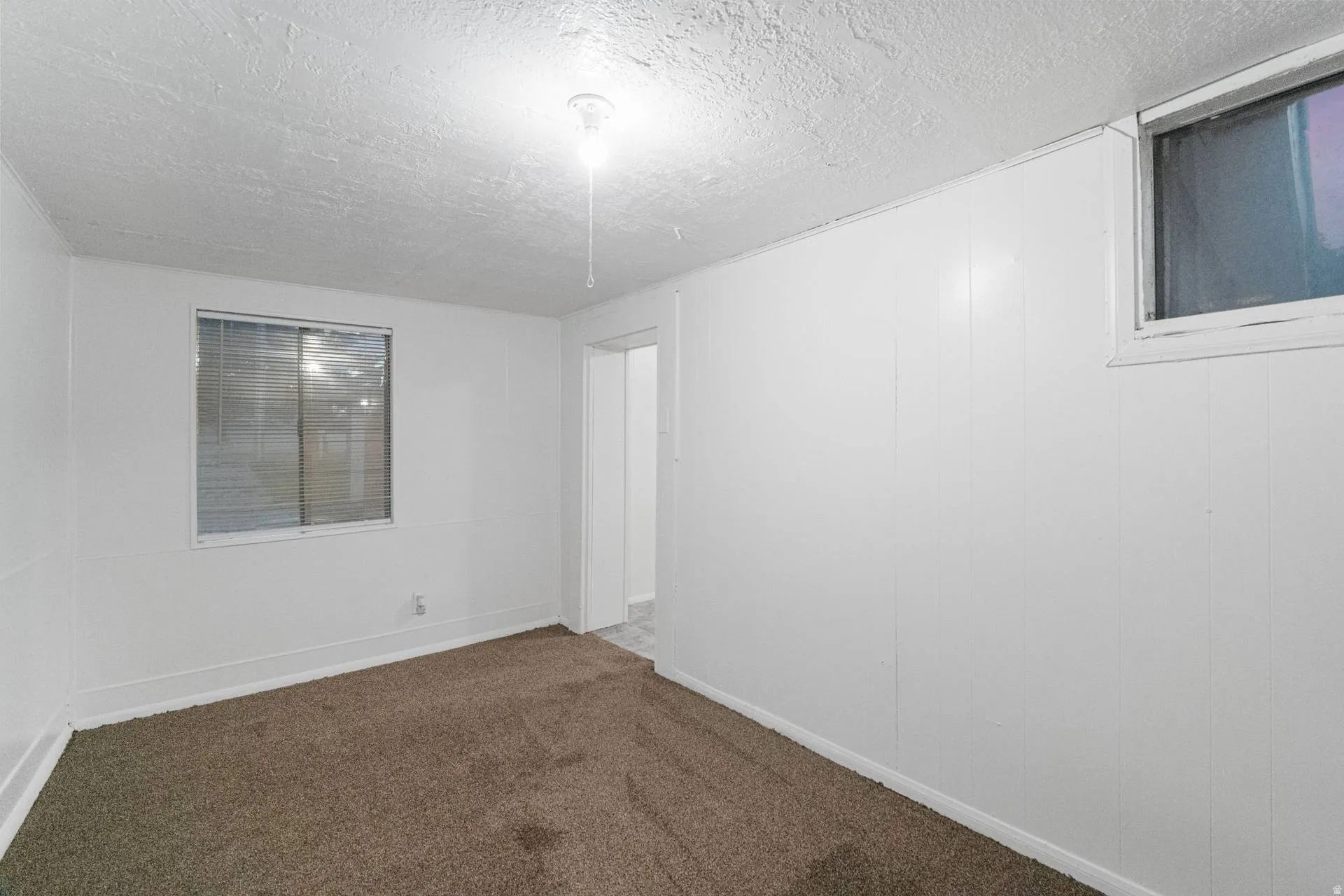 Carpeted room with white paneling and a single window
