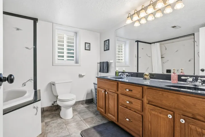 Dual vanity with wood-finish cabinetry, a dark countertop, and integrated sinks