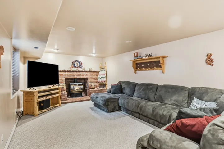 Brick fireplace with a wood-burning stove