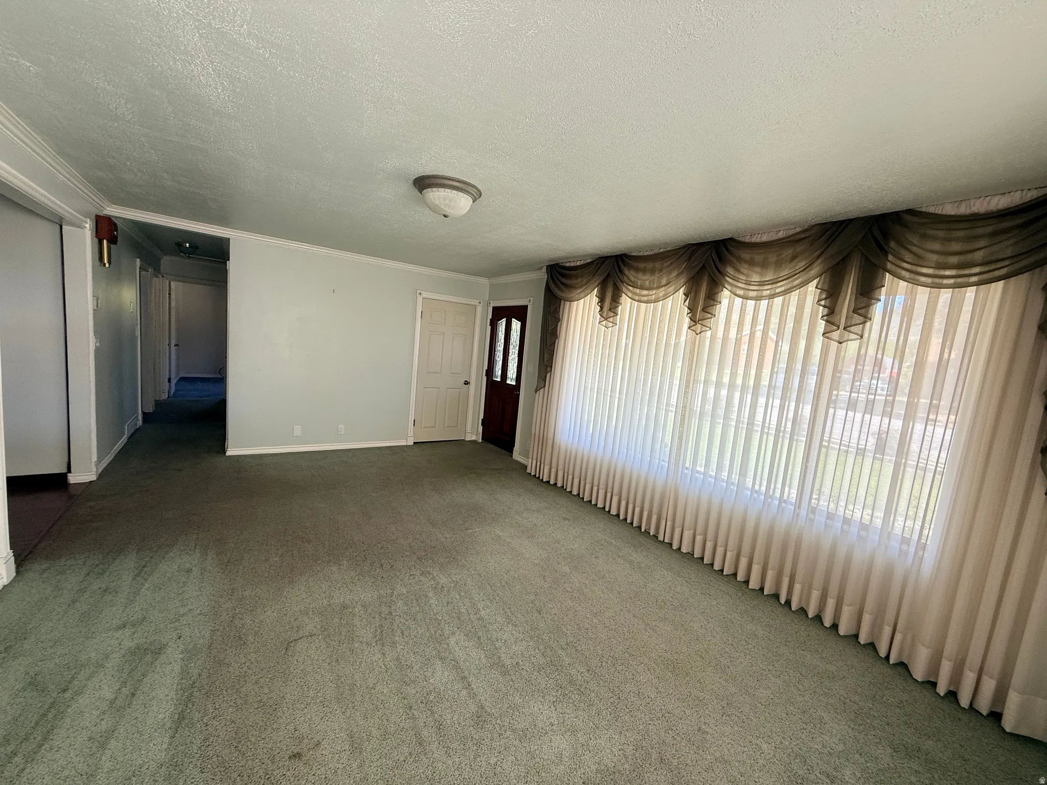 Expansive room featuring a large window with sheer drapes and valance, light-colored walls, and a ceiling-mounted light fixture