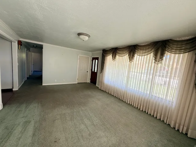 Expansive room featuring a large window with sheer drapes and valance, light-colored walls, and a ceiling-mounted light fixture
