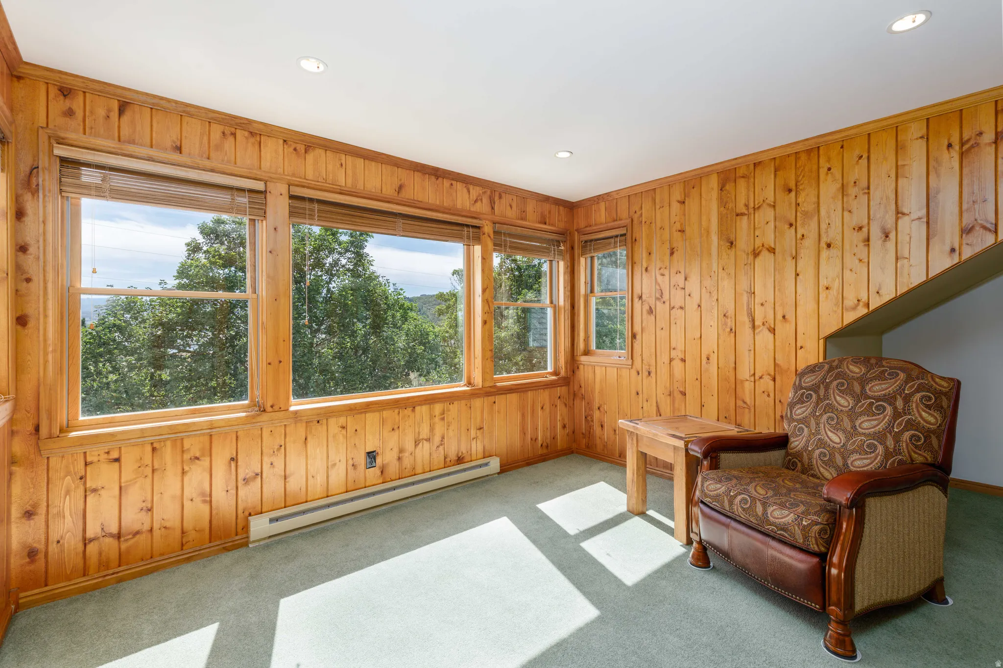Wood-paneled walls with multiple windows, recessed ceiling lighting, and wall-to-wall carpeting