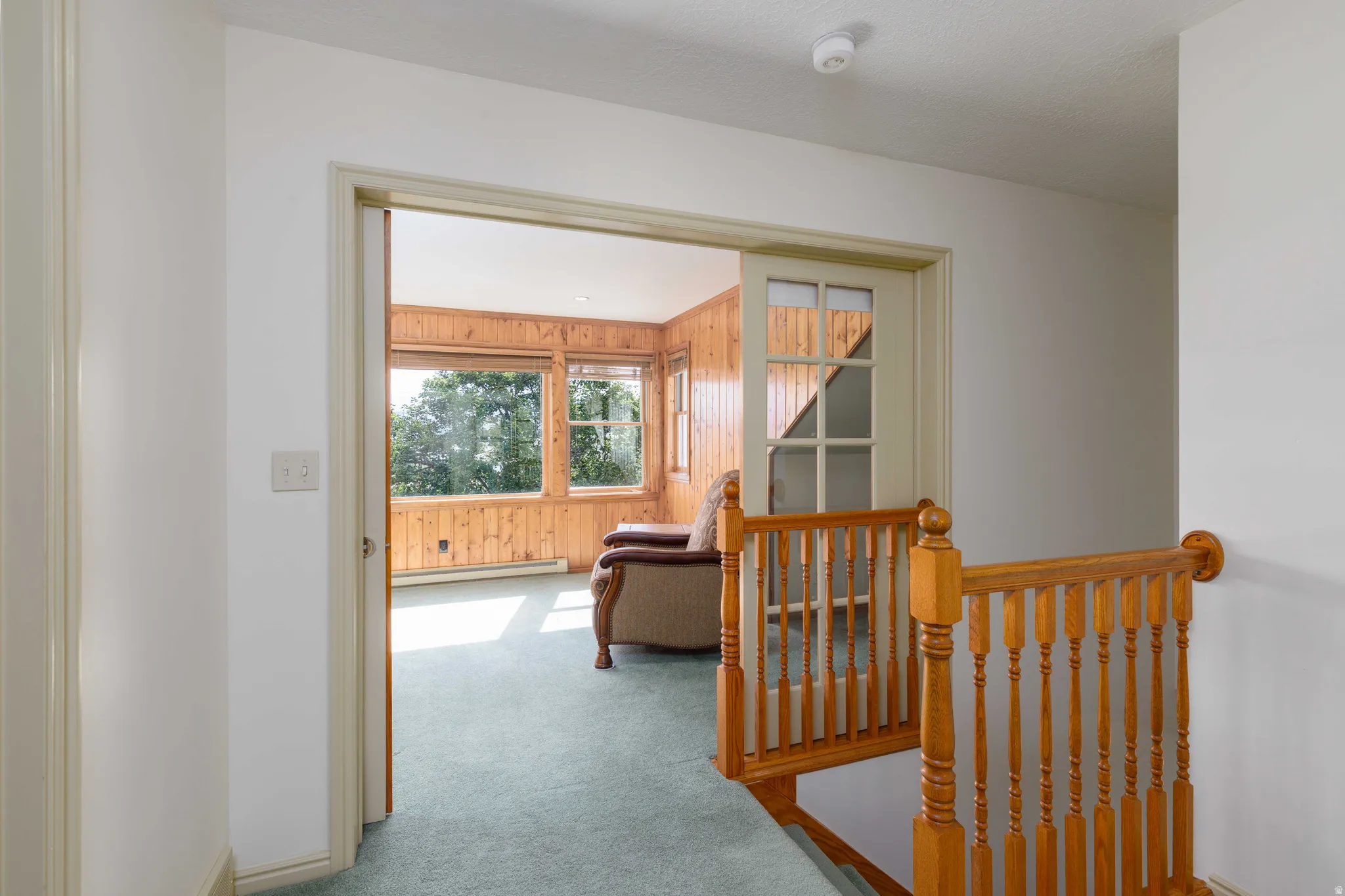 Hardwood stair railing, carpeted flooring, wood paneling, multiple windows, and a panel-glass door