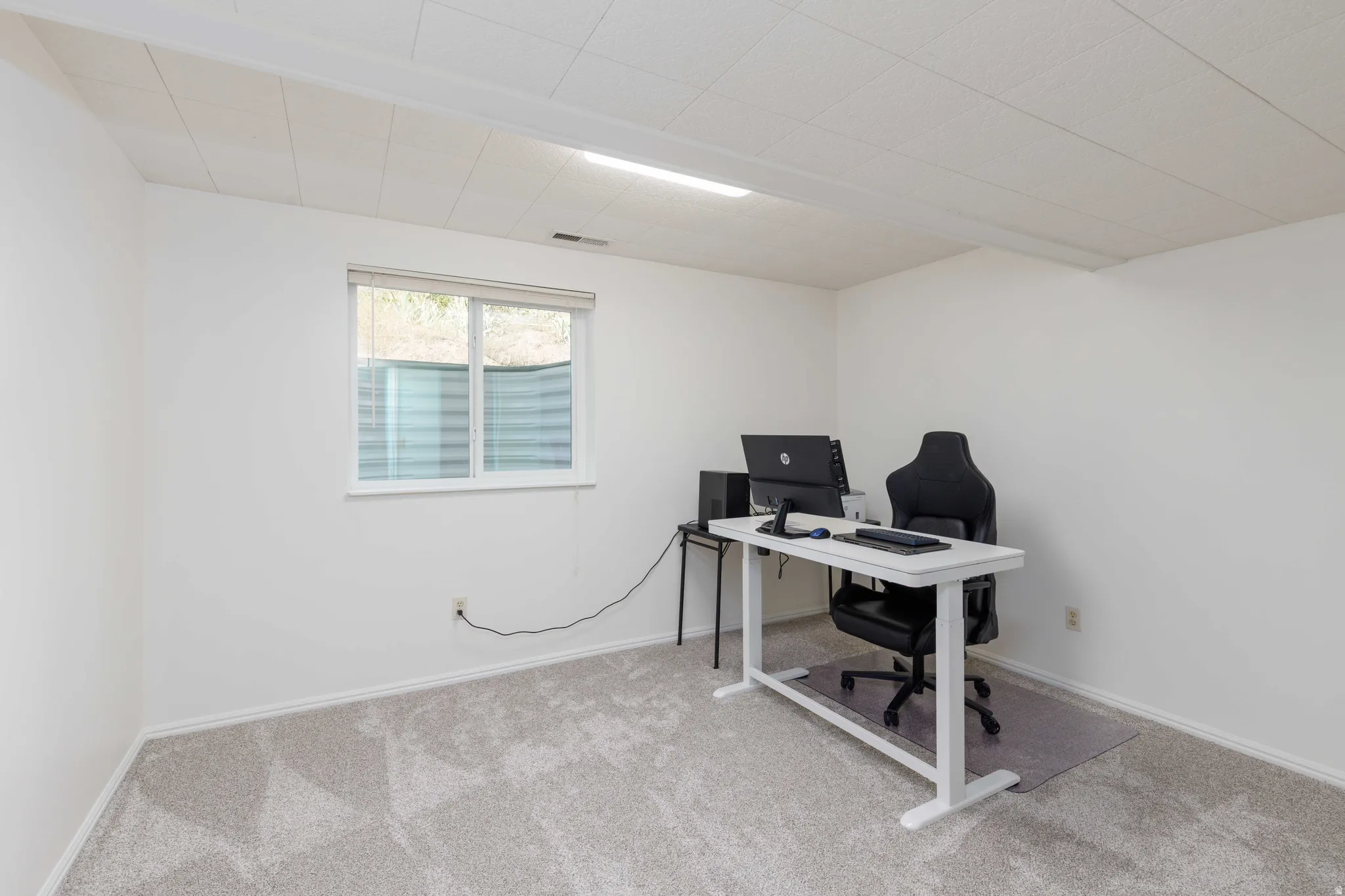 White walls, light-colored carpet, white window trim, and a drop ceiling with integrated lighting
