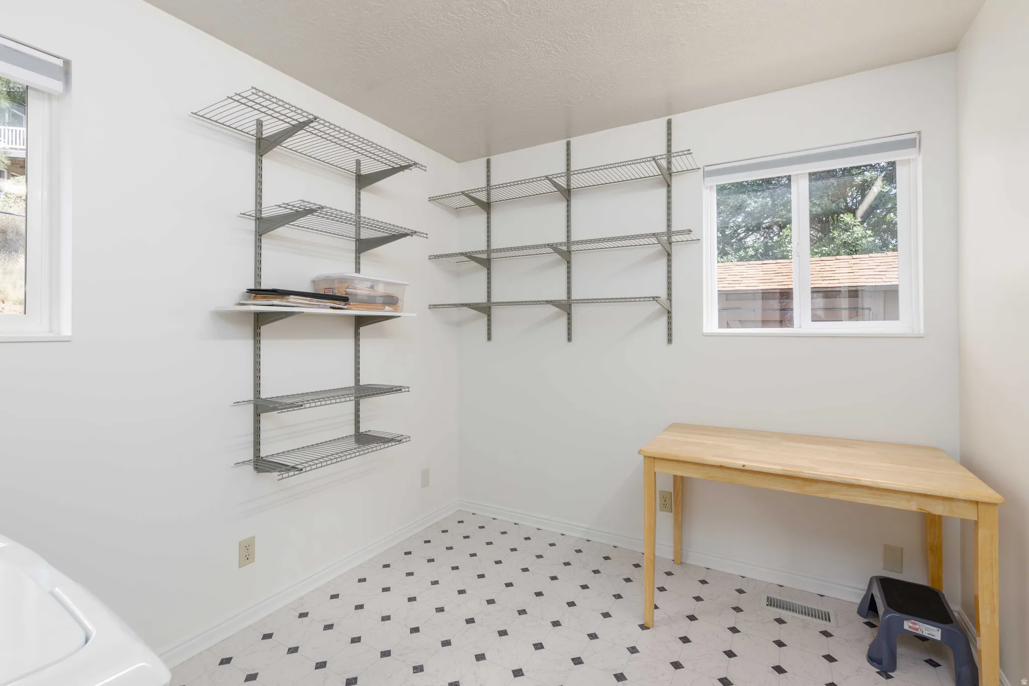 White walls, patterned flooring, and two windows
