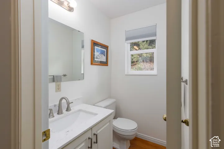 Vanity with a white countertop and undermount sink, brushed nickel faucet, and wood-finish flooring