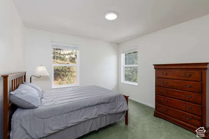 Recessed lighting, light green carpeting, and two windows with blinds