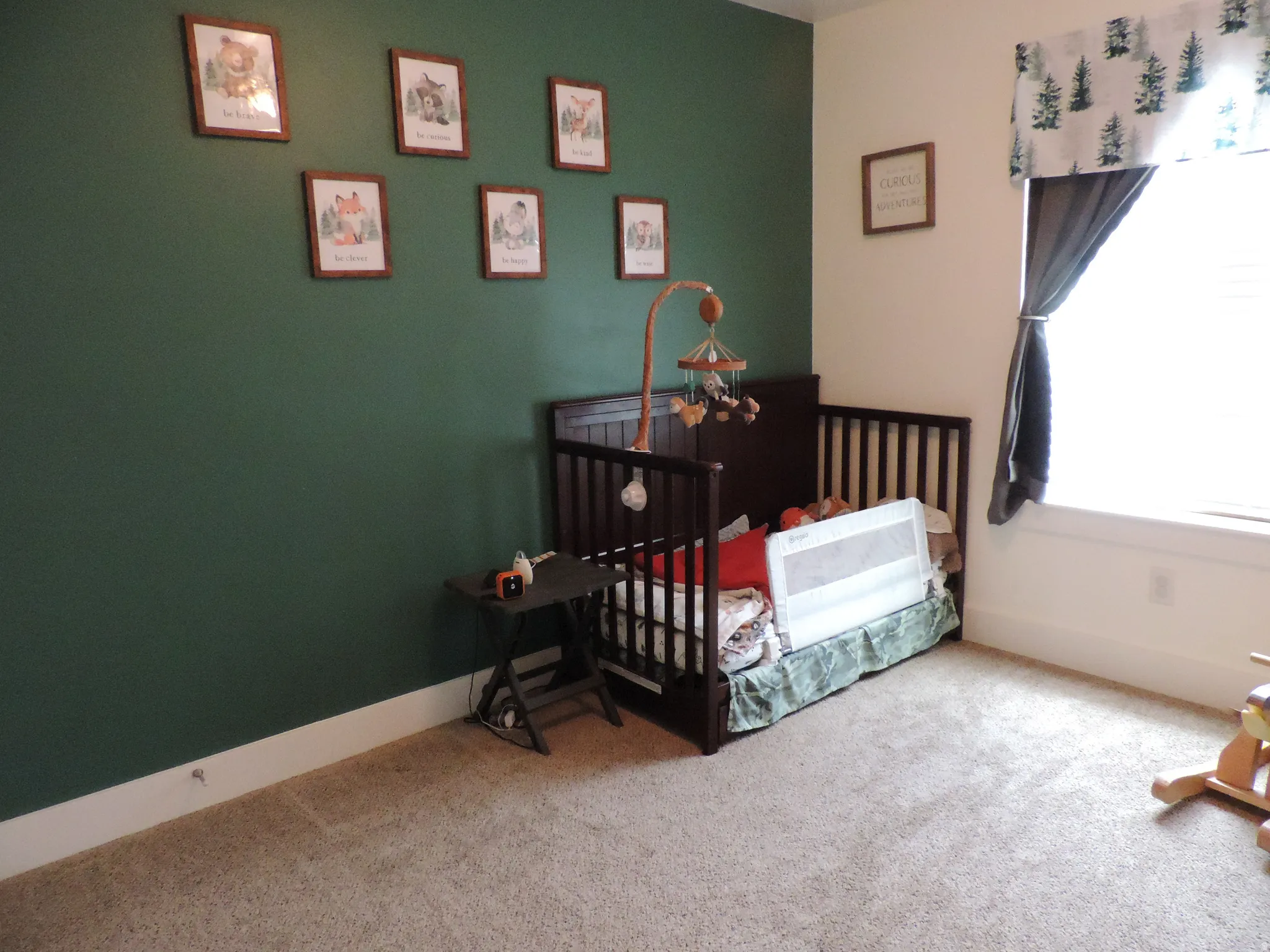 Carpeted flooring, white trim, and a window with a white frame