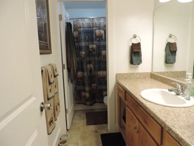 Bathroom featuring a vanity with wood cabinetry, an integrated sink, and a speckled countertop